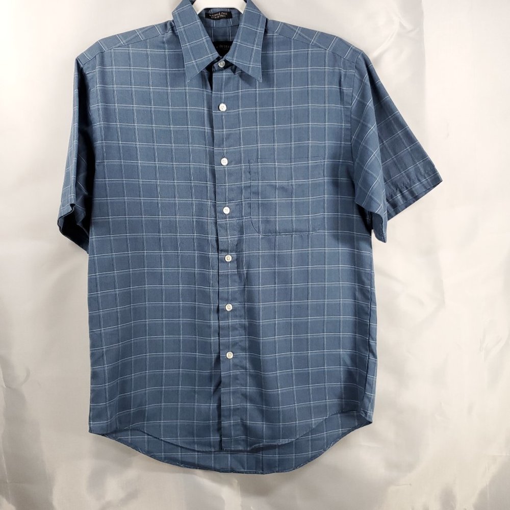 Van Heusen Button Up Short Sleeve Wrinkle Free Shirt Blue White Plaid Men Sz S